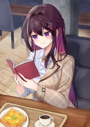 Rule 34 | 1girl, azki (hololive), blush, book, braid, bread, bread slice, brown hair, brown jacket, cafe, closed mouth, coffee, coffee cup, collared shirt, colored inner hair, commentary, crossed bangs, cup, disposable cup, fingernails, food, french braid, hair between eyes, hair intakes, highres, holding, holding book, hololive, jacket, kisara keyy, long hair, long sleeves, multicolored hair, open book, pink hair, plaid, plaid jacket, purple eyes, reading, shirt, sitting, smile, solo, straight hair, streaked hair, toast, upper body, very long hair, virtual youtuber, white shirt