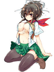 Rule 34 | 10s, 1girl, asuka (senran kagura), black thighhighs, breast hold, breasts, brown eyes, brown hair, cleavage, colorized, full body, hair ribbon, large breasts, legs folded, loafers, navel, open clothes, open mouth, open shirt, plaid, plaid skirt, red scarf, ribbon, scarf, school uniform, senran kagura, shirt, shoes, simple background, sketch, skirt, solo, sweater vest, thighhighs, ukyo rst
