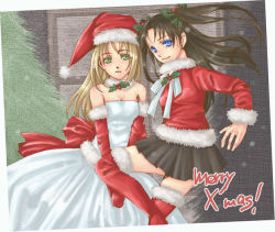 Rule 34 | 00s, 2girls, alternate costume, artoria pendragon (all), artoria pendragon (fate), berry, blonde hair, blue eyes, boots, christmas, dress, fate/stay night, fate (series), female focus, gloves, green eyes, hat, holly, jacket, long hair, merry christmas, multiple girls, red jacket, saber (fate), santa costume, skirt, thighhighs, tohsaka rin, twintails, white dress