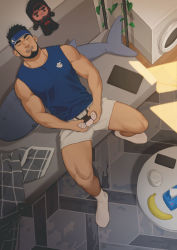 Rule 34 | 1boy, avenger (dungeon and fighter), bara, bare arms, bare shoulders, beard, black hair, blue shirt, character doll, commission, controller, couch, dungeon and fighter, facial hair, full body, headband, indoors, joystick, koji (wildlhz), male focus, male priest (dungeon and fighter), mature male, muscular, muscular male, on couch, original, pectorals, priest (dungeon and fighter), shirt, short hair, shorts, sleeping, sleeveless, sleeveless shirt, solo, thighs, white shorts
