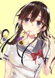 Rule 34 | 1girl, black hair, blue eyes, blue sailor collar, blush, bow, bowtie, braid, breasts, closed mouth, collarbone, flower, flower necklace, hair between eyes, hair flower, hair ornament, hairclip, highres, hizuki sin, jewelry, unworn jewelry, large breasts, lips, long hair, looking to the side, necklace, necklace in mouth, unworn necklace, ore wo suki nano wa omae dake ka yo, playing with own hair, purple flower, red bow, sailor collar, sanshokuin sumireko, school uniform, serafuku, shirt, short sleeves, solo, standing, twin braids, white flower, white shirt, yellow background, yellow flower