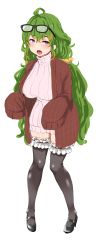 Rule 34 | 1girl, black thighhighs, breasts, cardigan, clearite, clearite (vtuber), dress, eyewear on head, full body, glasses, green hair, highres, indie virtual youtuber, large breasts, long hair, low twintails, open mouth, purple eyes, ribbed sweater, sleeves past fingers, sleeves past wrists, sweater, sweater dress, thighhighs, transparent background, twintails, very long hair, virtual youtuber
