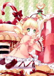 Rule 34 | 00s, 1girl, blonde hair, bow, cake, candy, candy cane, cookie, food, food on face, green eyes, hair ribbon, highres, hinaichigo, iwaku, macaron, pastry, pink bow, ribbon, rozen maiden, short hair, sitting, solo