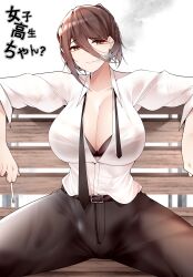 Rule 34 | 1girl, absurdres, bench, black bra, black necktie, black pants, bra, breasts, brown hair, cigarette, commentary, hair between eyes, highres, holding, holding cigarette, large breasts, looking at viewer, necktie, original, pants, parted lips, samip, shirt, short hair, simple background, sitting, smoke, solo, thighs, translation request, underwear, white background, white shirt, yellow eyes