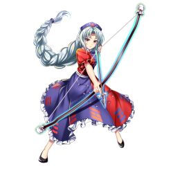 Rule 34 | 1girl, arrow (projectile), black footwear, blue dress, blue hat, bow (weapon), brown eyes, closed mouth, constellation print, cross, dress, frilled dress, frills, full body, game cg, grey hair, hat, highres, holding, holding bow (weapon), holding weapon, long hair, looking at viewer, nurse cap, red cross, red dress, rotte (1109), short sleeves, simple background, smile, solo, third-party source, touhou, touhou lostword, trigram, two-tone dress, very long hair, weapon, white background, yagokoro eirin