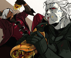 Rule 34 | 2boys, armor, black gloves, brown background, buckle, cheese, coat, colored sclera, dante (devil may cry), devil may cry (series), eating, food, food on face, gauntlets, gloves, hand on head, holding, holding food, melting, multiple boys, nama29 m, nelo angelo, pepperoni, pizza, red coat, red eyes, red sclera, short hair, spoilers, two-tone background, vergil (devil may cry), white background, white hair