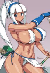 Rule 34 | 1girl, areola slip, armpits, arrow (projectile), blue eyes, blue gloves, blunt bangs, bow (weapon), breasts, cleft of venus, covered erect nipples, cowboy shot, dark-skinned female, dark skin, flower, gloves, hairband, large areolae, large breasts, long hair, majikina mina, onomeshin, open mouth, ponytail, quiver, revealing clothes, samurai spirits, sarong, sideboob, single glove, snk, solo, tabi, underboob, very long hair, weapon, wedgie, white hair