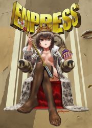 Rule 34 | 10s, 1girl, abazu-red, barefoot, black thighhighs, breasts, cleavage, coat, crossed legs, crown, english text, ermine coat, feet, full body, fur-trimmed coat, fur coat, fur trim, garter straps, girls und panzer, highres, imperial crown, imperial orb, imperial regalia, imperial sceptre, jewelry, looking at viewer, nishizumi maho, no shoes, nose art, orb, scepter, sitting, solo, tank gun, thighhighs, throne, twitter username