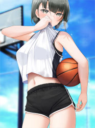 Rule 34 | 1girl, ball, bare arms, basketball, basketball (object), basketball hoop, black hair, black shorts, blue sky, bra visible through clothes, breasts, breath, clothes lift, day, fed (giba), grey eyes, holding, holding ball, lifted by self, looking at viewer, medium breasts, navel, original, outdoors, shirt, shirt lift, short hair, short shorts, shorts, sky, sleeveless, sleeveless shirt, solo, sweat, white shirt, wiping sweat