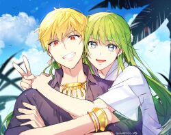 Rule 34 | 1boy, 1other, androgynous, artist name, bird, blonde hair, blue sky, bracelet, cloud, collared shirt, commentary, crossed arms, day, earrings, ede, enkidu (fate), eyelashes, fate/grand order, fate (series), floating hair, gilgamesh, gilgamesh (caster) (fate), gilgamesh (enstablishment) (fate), gilgamesh (fate), gold earrings, gold necklace, grass, green eyes, green hair, grin, hair between eyes, hand up, highres, hug, jewelry, leaf, long hair, looking at viewer, necklace, open mouth, outdoors, palm tree, plant, purple shirt, red eyes, round teeth, shirt, short hair, short sleeves, sky, smile, teeth, tongue, tree, twitter username, upper body, v, very long hair, white shirt, wing collar