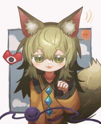 Rule 34 | 1girl, :3, animal ears, blush, buttons, cat ears, cat tail, diamond button, facing viewer, green eyes, highres, komeiji koishi, light green hair, looking at viewer, motion lines, outside border, slit pupils, solo, sweater, tail, third eye, tongue, tongue out, touhou, upper body, white background, yellow sweater, zunusama
