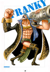 Rule 34 | 1boy, blue hair, boots, character name, cyborg, franky (one piece), full body, jacket, male focus, muscular, official art, one piece, open clothes, open shirt, sash, shirt, solo, sunglasses, weapon