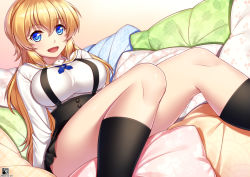Rule 34 | 1girl, black footwear, blonde hair, blue eyes, blush, breasts, large breasts, looking at viewer, open mouth, pillow, regalia the three sacred stars, skirt, smile, socks, solo, yuinshiel asteria, zerg309