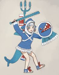 Rule 34 | 1girl, alternate costume, animal costume, animal hood, aztec, blue dress, blue eyes, blue hair, blunt bangs, blush, chimalli, dress, female focus, fine art parody, fins, fish tail, gawr gura, grey background, highres, holding, holding shield, holding weapon, hololive, hololive english, hood, hood up, long sleeves, looking at viewer, macuahuitl, mossacannibalis, multicolored hair, open mouth, parody, polearm, sandals, scales, shark costume, shark girl, shark hood, shark tail, sharp teeth, shield, simple background, smile, solo, standing, standing on one leg, streaked hair, tail, teeth, trident, virtual youtuber, weapon, white hair