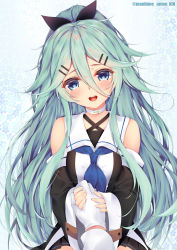 Rule 34 | 10s, 1girl, bare shoulders, black serafuku, blush, detached sleeves, gloves, green hair, hair between eyes, hair ornament, hairclip, holding hands, highres, kantai collection, long hair, looking at viewer, obiwan, open mouth, ponytail, pov, school uniform, serafuku, smile, solo focus, white gloves, yamakaze (kancolle)