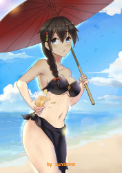 Rule 34 | 10s, 1girl, absurdres, artist name, beach, bikini, bird, black hair, blue eyes, bottomless, braid, breasts, brown hair, collarbone, cup, day, drink, drinking straw, female focus, hair over shoulder, highres, kantai collection, long hair, multiple girls, navel, no panties, open mouth, outdoors, sand, sarong, shigure (kancolle), single braid, solo, strapless, strapless bikini, sunshine (1638509769), swimsuit, umbrella, water