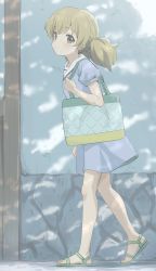 Rule 34 | 1girl, bag, barefoot sandals (jewelry), blonde hair, blue skirt, blush, closed mouth, deaimon, full body, green footwear, highres, holding, holding bag, looking at viewer, sailor collar, sandals, school uniform, short sleeves, sincos, skirt, solo, twintails, walking, white sailor collar, yellow eyes, yukihira itsuka