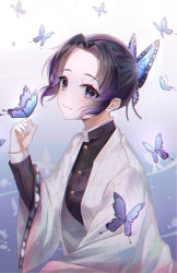 Rule 34 | 1girl, animal, animal print, black hair, blue butterfly, blush, breasts, bug, butterfly, butterfly hair ornament, commentary request, forehead, gradient background, gradient hair, hair ornament, hand up, haori, highres, hinaki (hinaki 0102), insect, japanese clothes, kimetsu no yaiba, kochou shinobu, long sleeves, looking at viewer, multicolored hair, parted bangs, purple eyes, purple hair, short hair, smile, solo, two-tone hair, upper body