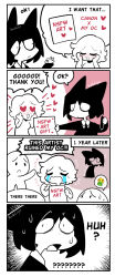 2girls 2others 4koma artist_name blush border comic crying emoji english_text flying_sweatdrops hair_ears hands_on_own_face heart heart-shaped_eyes highres holding kudoliya_art multiple_girls multiple_others nervous_sweating open_mouth original partially_colored speech_bubble streaming_tears sweat tears