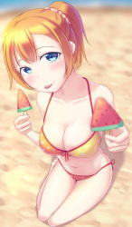 Rule 34 | 10s, 1girl, alternate hairstyle, bikini, blue eyes, blush, breasts, cleavage, food, fruit, hair ornament, hair scrunchie, highres, kosaka honoka, large breasts, looking at viewer, love live!, love live! school idol festival, love live! school idol project, navel, orange hair, ponytail, scrunchie, short hair, smile, solo, summer, swimsuit, tongue, tongue out, watermelon