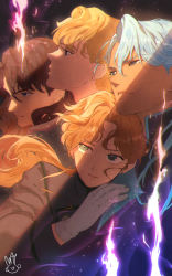 Rule 34 | 4boys, androgynous, bishoujo senshi sailor moon, bishoujo senshi sailor moon (first season), black eyes, blonde hair, brown hair, closed mouth, earrings, from side, gloves, green eyes, highres, jadeite (sailor moon), jewelry, kunzite (sailor moon), looking away, low ponytail, mayo (becky2006), multiple boys, nephrite (sailor moon), parted bangs, profile, signature, stud earrings, sunlight, uniform, upper body, white gloves, white hair, zoisite (sailor moon)