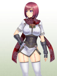 Rule 34 | 1girl, abu, alternate color, corset, cowboy shot, dress, fingerless gloves, floral print, gloves, gradient background, green background, hand on own hip, looking to the side, nel zelpher, print scarf, purple eyes, red hair, red scarf, scarf, short hair, solo, star ocean, star ocean till the end of time, striped clothes, striped scarf, tattoo, thighhighs, white background, white dress, white thighhighs