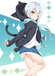 Rule 34 | ;d, ahoge, animal ears, ass, black hoodie, blue scarf, blue skirt, blush, cat ears, cat tail, commentary request, fringe trim, grin, hair between eyes, hood, hood down, hoodie, long sleeves, milkpanda, miniskirt, one eye closed, open clothes, open hoodie, open mouth, original, panties, scarf, shirt, silver hair, skirt, sleeves past wrists, smile, solo, standing, standing on one leg, tail, underwear, white panties, white shirt, yellow eyes