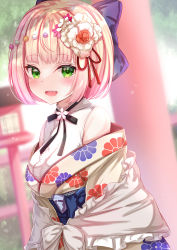 Rule 34 | 1girl, :d, blonde hair, blush, bow, breasts, commentary request, fang, floral print, flower, green eyes, hair bow, hair flower, hair ornament, highres, hololive, japanese clothes, kimono, large breasts, looking at viewer, looking to the side, momosuzu nene, momosuzu nene (new year), multicolored hair, open mouth, pink hair, print kimono, shirt, short hair, sleeveless, sleeveless shirt, smile, solo, two-tone hair, upper body, virtual youtuber, white shirt, yuano
