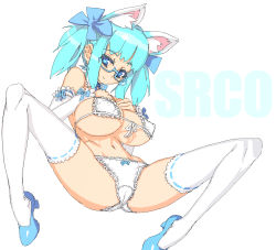 Rule 34 | animal ears, bad id, bad pixiv id, bare shoulders, bikini, blue eyes, blue hair, bow, bow panties, bowtie, breasts, cleavage, covered erect nipples, detached sleeves, frills, glasses, hair bow, hair ornament, hair ribbon, high heels, highres, large breasts, navel, nipples, oekaki, panties, puffy nipples, ribbon, shoes, short hair, simple background, smile, solo, spread legs, srco, swimsuit, thighhighs, twintails, underwear, vrkdh, white panties, white thighhighs
