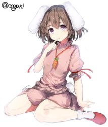 Rule 34 | 1girl, animal ears, blush, brown hair, carrot, colorized, finger to mouth, full body, inaba tewi, jewelry, looking at viewer, necklace, open mouth, pink eyes, puffy sleeves, rabbit ears, rabbit girl, rabbit tail, shirt, shoes, short hair, short sleeves, simple background, sitting, sketch, skirt, skirt set, socks, solo, tail, touhou, twitter username, white background, white socks, wowoguni