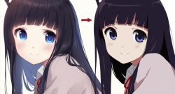 Rule 34 | 1girl, animal ears, arrow (symbol), black hair, blue eyes, blush, caidychen, cat ears, closed mouth, commentary, comparison, long hair, looking at viewer, multiple views, neck ribbon, original, red ribbon, ribbon, simple background, smile, upper body, white background, wing collar