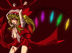 Rule 34 | 1girl, bad id, bad pixiv id, bdsm, blonde hair, blood, blood on chest, blood on leg, blouse, embodiment of scarlet devil, female focus, flandre scarlet, hat, m.m, mob cap, ponytail, red background, red eyes, shirt, short hair, side ponytail, solo, touhou, white shirt, wings