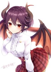 Rule 34 | 1girl, absurdres, breasts, commentary request, dragon girl, dragon horns, dragon tail, dragon wings, frilled shirt, frills, grea (shingeki no bahamut), hair between eyes, hand up, high-waist skirt, highres, horns, leaning forward, long sleeves, looking at viewer, medium breasts, omoomomo, parted lips, plaid, plaid skirt, pleated skirt, pointy ears, purple hair, red eyes, red skirt, revision, shingeki no bahamut, shirt, short hair, sidelocks, simple background, skirt, solo, standing, tail, white background, white shirt, wings
