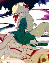 Rule 34 | 2girls, :/, absurdres, bamboo print, blood, bow, closed mouth, cloud, commentary, covered eyes, ex-keine, fujiwara no mokou, full moon, green hair, green kimono, hair between eyes, hair bow, hands on own chest, highres, horn ornament, horn ribbon, horns, japanese clothes, kamishirasawa keine, kimono, long hair, long sleeves, looking at another, lying, moon, multiple girls, obi, on back, pants, puffy sleeves, red bow, red eyes, red pants, red ribbon, ribbon, sash, scroll, seiza, shirt, sitting, sleeve cuffs, tail, touhou, very long hair, white hair, white shirt, wide sleeves, yongyu366