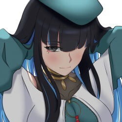 Rule 34 | 1girl, arms behind head, arms up, bare shoulders, beret, black hair, blue hair, breasts, collarbone, colored inner hair, eyeliner, fate/grand order, fate (series), green hat, green jacket, grey eyes, hat, highres, jacket, jewelry, kana (4276zero), long hair, looking at viewer, makeup, medium breasts, multicolored hair, neck ring, o-ring, off shoulder, sidelocks, smile, solo, tenochtitlan (fate), tenochtitlan (second ascension) (fate), wavy hair, zipper
