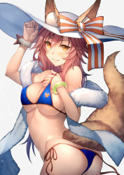 Rule 34 | 1girl, animal ears, ass, bad id, bad pixiv id, bare shoulders, bikini, blue bikini, blush, bracelet, breasts, cleavage, closed mouth, collarbone, fate/grand order, fate (series), fox ears, fox girl, fox tail, hair between eyes, hat, jewelry, kyoeiki, large breasts, long hair, looking at viewer, navel, pink hair, simple background, smile, solo, sun hat, swimsuit, tail, tamamo (fate), tamamo no mae (fate/extra), tamamo no mae (swimsuit lancer) (fate), thighs, white background, yellow eyes