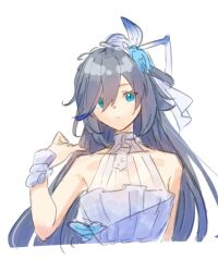 Rule 34 | 1girl, bare shoulders, bird hair ornament, blue eyes, blue hair, bow, closed mouth, dmr pic, dress, earrings, fu hua, fu hua (azure empyrea), fu hua (cerulean court), grey hair, hair bow, hair ornament, hair over one eye, halter dress, halterneck, honkai (series), honkai impact 3rd, jewelry, long hair, looking at viewer, multicolored clothes, multicolored dress, official alternate costume, simple background, single earring, sleeveless, sleeveless dress, solo, wedding dress, white background, white dress