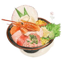 Rule 34 | bowl, commentary, commentary request, fish, fish (food), food, food art, food focus, highres, kailene, lettuce, no humans, noodles, original, painting (medium), ramen, salmon, simple background, sushi, traditional media, watercolor (medium), white background