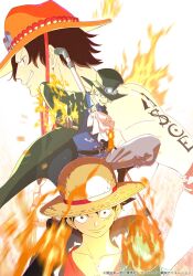 Rule 34 | 3boys, ascot, belt, black coat, black hair, black hat, coat, commentary, elbow pads, english commentary, fire, freckles, goggles, goggles on headwear, hat, highres, kojima takashi, looking ahead, looking at viewer, male focus, monkey d. luffy, multiple boys, one piece, orange hat, portgas d. ace, red shirt, sabo (one piece), scar, scar on face, shirt, short hair, single elbow pad, smile, straw hat, third-party source, upper body, waistcoat, white ascot