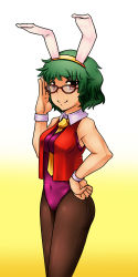 Rule 34 | 1girl, 33kudo, adjusting eyewear, animal ears, bare shoulders, bbb (33kudo), bespectacled, between breasts, breasts, collar, covered navel, fake animal ears, female focus, glasses, gradient background, green hair, hand on own hip, highres, kazami yuuka, leotard, long image, necktie, pantyhose, playboy bunny, rabbit ears, red eyes, short hair, smile, solo, tall image, touhou, wrist cuffs