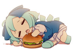 Rule 34 | 1girl, absurdres, bloomers, blue bow, blue dress, blue footwear, blue hair, blush stickers, bow, burger, cirno, closed eyes, dress, drooling, fairy, food, fumo (doll), hair bow, highres, ice, ice wings, kame (kamepan44231), open mouth, shirt, shoes, short hair, short sleeves, simple background, sleeping, solo, touhou, underwear, white background, white bloomers, white shirt, wings