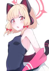 Rule 34 | 1girl, absurdres, animal ear headphones, animal ears, black one-piece swimsuit, blonde hair, blue archive, blunt bangs, blush, bow, breasts, cat ear headphones, cat tail, clothes down, fake animal ears, hair bow, halo, headphones, highres, jacket, looking at viewer, momoi (blue archive), multicolored clothes, multicolored jacket, one-piece swimsuit, open mouth, penguin potof, pink eyes, red bow, school swimsuit, short hair, small breasts, solo, swimsuit, tail, upper body, white background