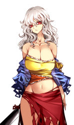 Rule 34 | 1girl, bare shoulders, breasts, collarbone, hair between eyes, highres, knife, large breasts, long hair, long sleeves, looking to the side, multicolored clothes, multicolored shirt, navel, no panties, off-shoulder shirt, off shoulder, open mouth, orange shirt, raptor7, red eyes, red skirt, sakata nemuno, shirt, short sleeves, silver hair, simple background, skirt, smile, solo, touhou, wavy hair, weapon, white background, wide sleeves, yellow shirt