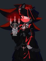 Rule 34 | 1boy, black dress, black veil, commentary, cross, crossdressing, dress, english commentary, eyelashes, furry, furry male, ghostie berry, gloves, gothic lolita, grey background, holding candle stand, lolita fashion, red eyes, shadow the hedgehog, sonic (series), veil, white gloves