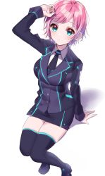 Rule 34 | 1girl, aqua eyes, arm up, bad id, bad twitter id, black footwear, black necktie, black thighhighs, blush, breasts, collared shirt, commentary request, formal, glowing, highres, long sleeves, looking at viewer, miniskirt, misumi (macaroni), necktie, neon trim, nijisanji, pencil skirt, pink hair, shirt, shoes, short hair, simple background, sitting, skirt, skirt suit, solo, suit, thighhighs, virtual youtuber, white background, white shirt, yuuhi riri, yuuhi riri (1st costume)