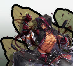 Rule 34 | 1boy, abs, bandages, bara, belt, biceps, black hair, blood, dungeon and fighter, facial hair, fighter (dungeon and fighter), fighting game, fighting stance, from side, gauntlets, injury, jacket, jin (sirius-j), large pectorals, long hair, male fighter (dungeon and fighter), male focus, muscular, muscular male, navel, nipples, pants, pectorals, red eyes, robe, rock, scar, scar on chest, scar on face, scar on stomach, scribble, sideburns, solo, text focus, topless male, torn clothes