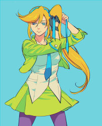 Rule 34 | 1girl, ace attorney, athena cykes, blonde hair, blue eyes, blue hairband, blue tie, character request, green jacket, green skirt, hairband, jacket, long hair, nekowosuu, skirt, solo, tagme, tying hair