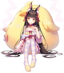 Rule 34 | 1girl, alternate costume, animal ear fluff, animal ears, azur lane, bare shoulders, black hair, blush, coco ichibanya, commentary request, fox ears, hair ornament, long hair, looking at viewer, manjuu (azur lane), nagato (azur lane), nagato (guardian fox&#039;s vacation) (azur lane), off shoulder, official art, pajamas, riichu, slippers, solo, thighhighs, very long hair, yellow eyes