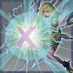 Rule 34 | 1girl, animal hands, artist name, bare shoulders, bird tail, blonde hair, breasts, claws, cleavage, commentary request, duel monster, electricity, feathered wings, feathers, garter straps, grey eyes, hair ornament, harpie girl (yu-gi-oh!), harpy, heart, heart hair ornament, long hair, monster girl, navel, open mouth, pink feathers, pink thighhighs, pink wings, pointy ears, rindou akira, saber reflection (yu-gi-oh!), solo, tail, talons, thighhighs, winged arms, wings, x, yu-gi-oh!
