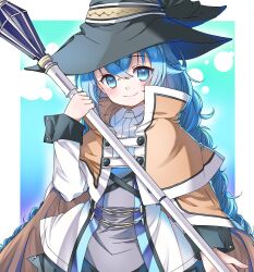 Rule 34 | 1girl, arm at side, black hat, blue background, blue eyes, blue hair, blush, border, braid, brown cloak, cloak, closed mouth, clothing request, collared shirt, commentary request, cowboy shot, crossed bangs, hair between eyes, hand up, happy, hat, highres, holding, holding staff, long hair, long sleeves, looking at viewer, mage staff, mushoku tensei, roxy migurdia, shirt, simple background, smile, solo, staff, tragicrhyme, tsurime, twin braids, very long hair, white border, white shirt, witch hat